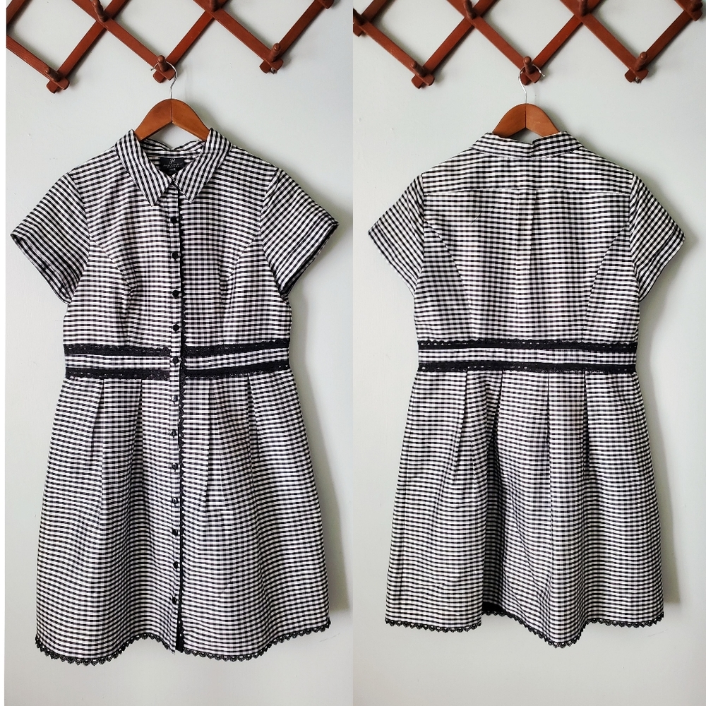 Adrianna Papell | Gingham Tafetta Lace Trim Collared Shirt Midi Dress